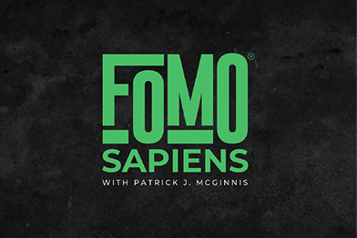 Green 'FOMO Sapiens' logo on a dark textured background